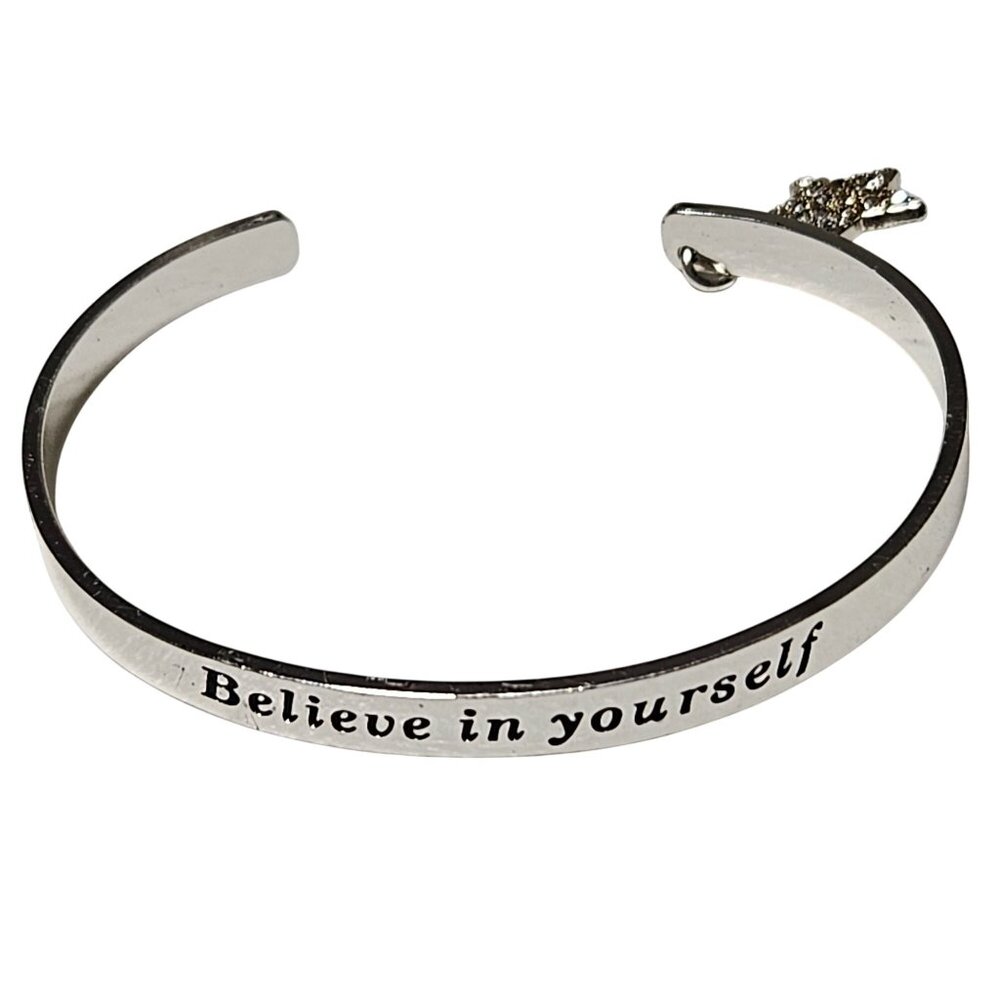 Silver Engraved Bangle Bracelet Star Charm Believe In Yourself Inscription Women